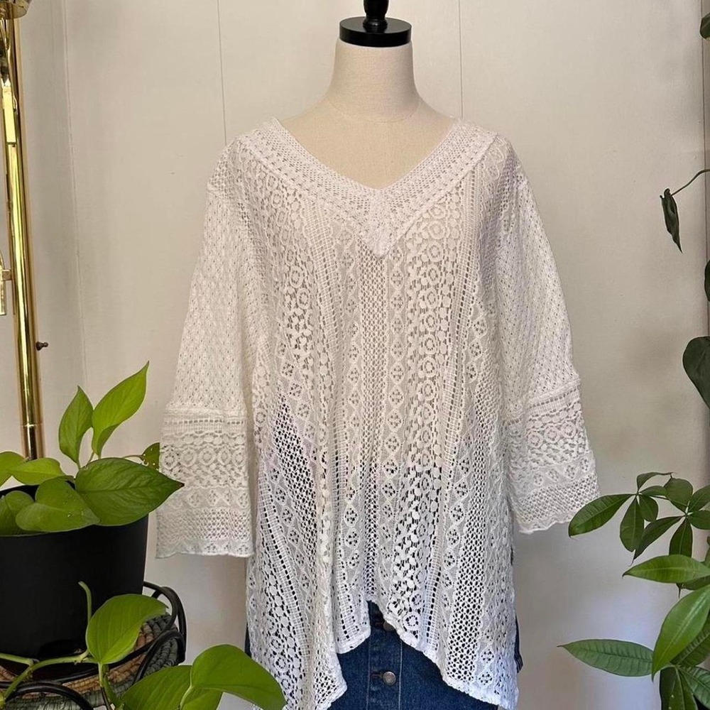Catherines Womens 3X White Lace Tunic Top 3/4 Sleeve Boho Scoop Neck Plus Size